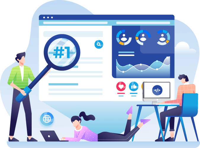 Ilustración de un equipo analizando una página web con paneles de datos