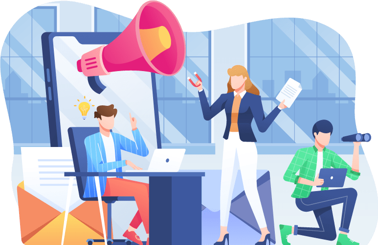 Ilustración de un equipo de marketing digital con un megáfono, una laptop y un correo